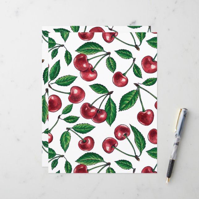 Papier Cerises rouges sur blanc (Devant/Arrière en situation)
