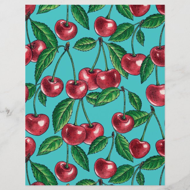 Papier Cerises rouges sur turquoise (Devant)