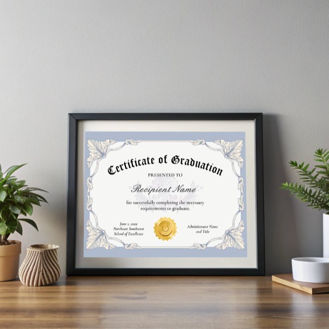 Papier Certificat bleu modifiable de diplôme (Editable Blue Certificate of Graduation Award)