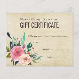 Papier Certificat cadeau de salon de beauté florale peint