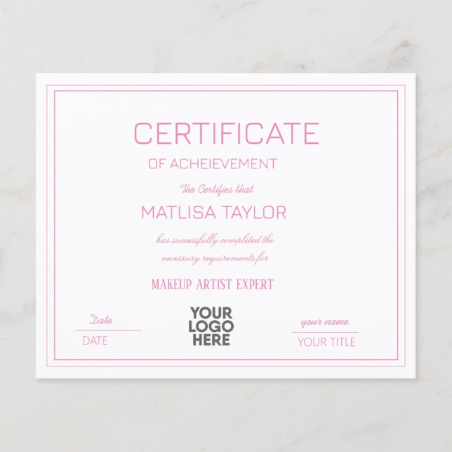 Papier Certificat D'Accomplissement Rose (Devant)