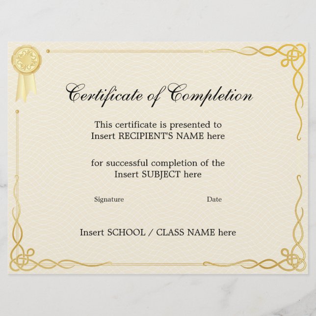 PAPIER CERTIFICAT D'ACHÈVEMENT (Devant)