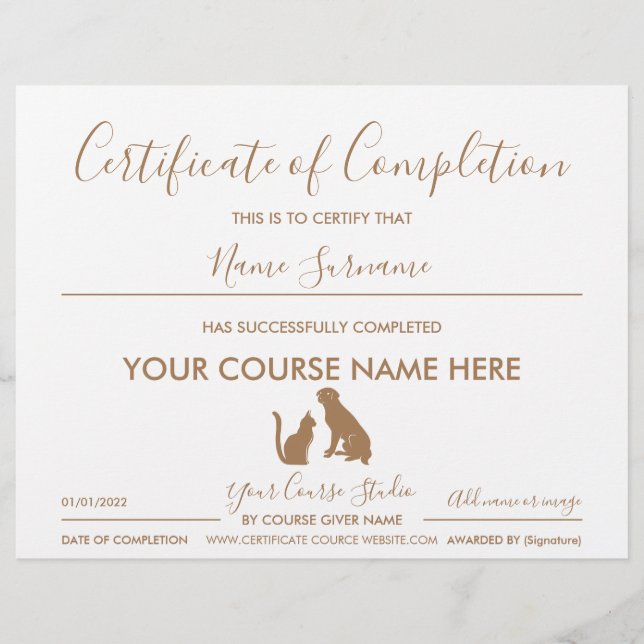 Papier certificat d'achèvement animal de compagnie chat c (Devant)