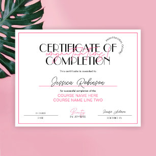 Papier Certificat d'achèvement Beauté Lashes Pink Award