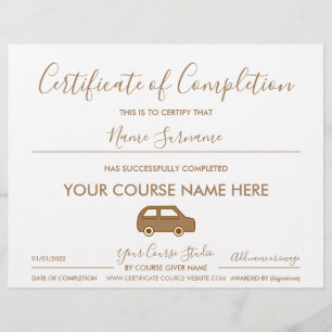 Papier certificat d'achèvement de conduite automobile