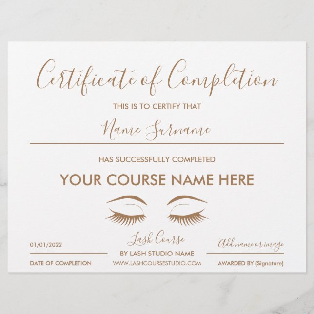 Papier certificat d'achèvement de la formation cils (Devant)