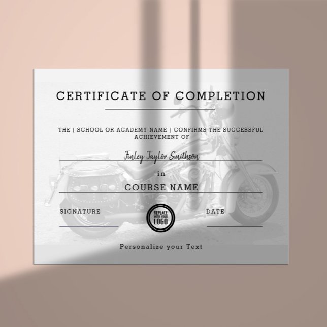 Papier Certificat d'achèvement de la formation en moto (Créateur téléchargé)