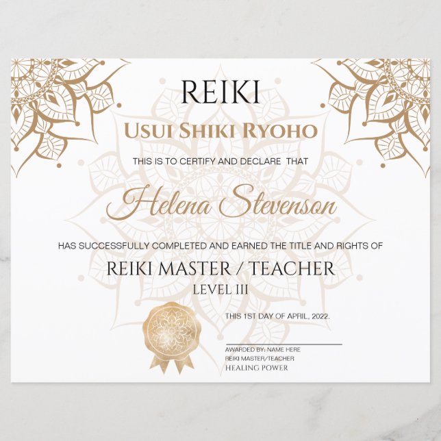 Papier Certificat d'achèvement de Reiki Yoga (Devant)