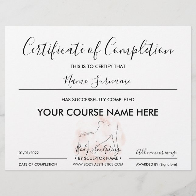 Papier Certificat d'achèvement du Bronzer Contouring Body (Devant)