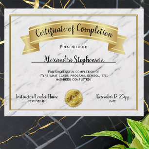 Papier Certificat d'achèvement du cours de marbre d'or