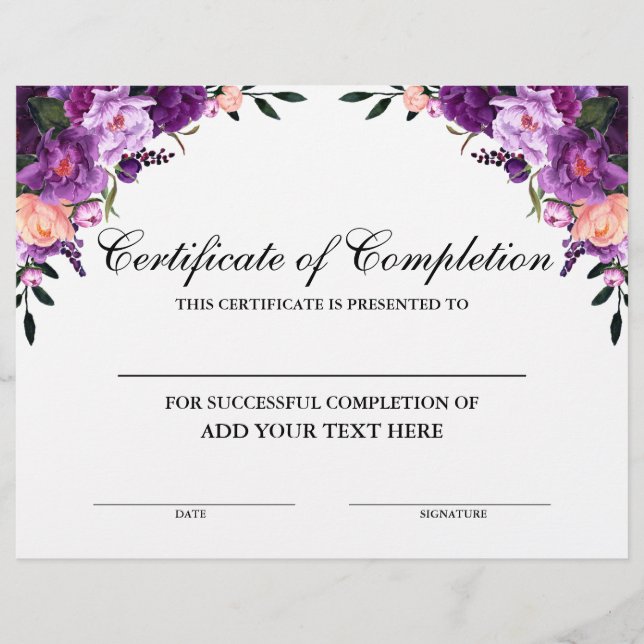 Papier Certificat d'achèvement floral pourpre (Devant)