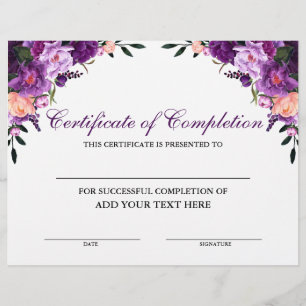 Papier Certificat d'achèvement Floral Purple