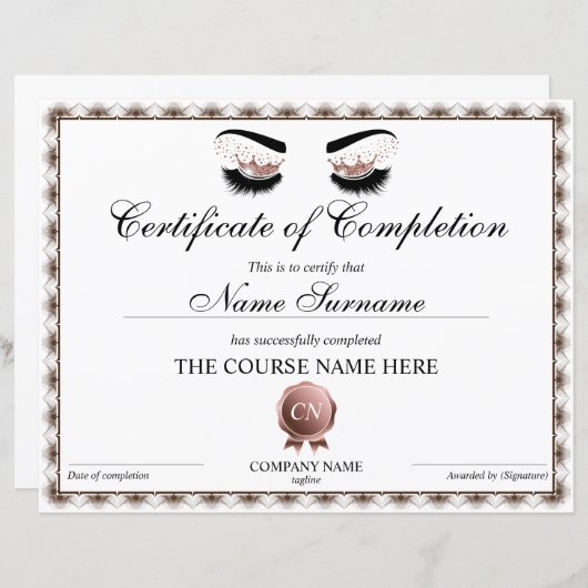 Papier Certificat d'achèvement Lashes Achèvement du cours (Devant / Derrière)