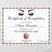 Papier Certificat d'achèvement Lashes Achèvement du cours (Devant)