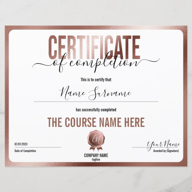 Papier Certificat d'achèvement minimal simple (Devant)