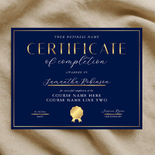 Papier Certificat d'Achèvement Navy & Gold Badge Award