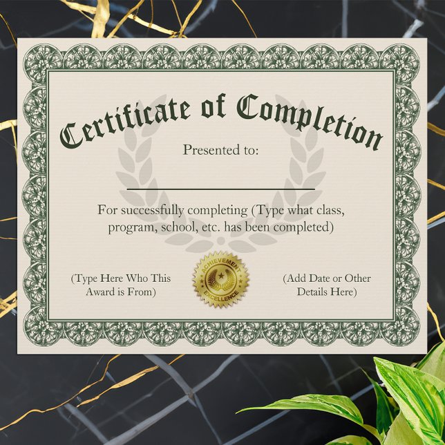 Papier Certificat d'achèvement, personnalisable 8,5 x 11 (certificate of completion)