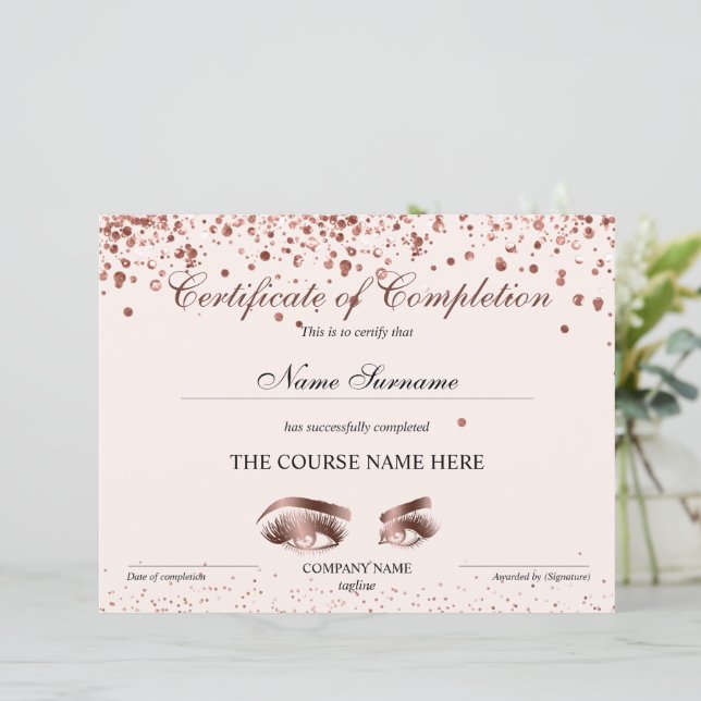 Papier Certificat d'achèvement Prix Brows Lash Cours (Debout devant)