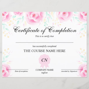 Papier Certificat d'achèvement Prix Cours Floral