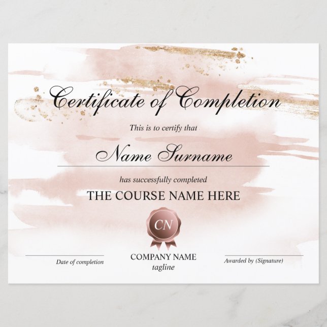 Papier Certificat d'achèvement Récompense Achèvement du c (Devant)