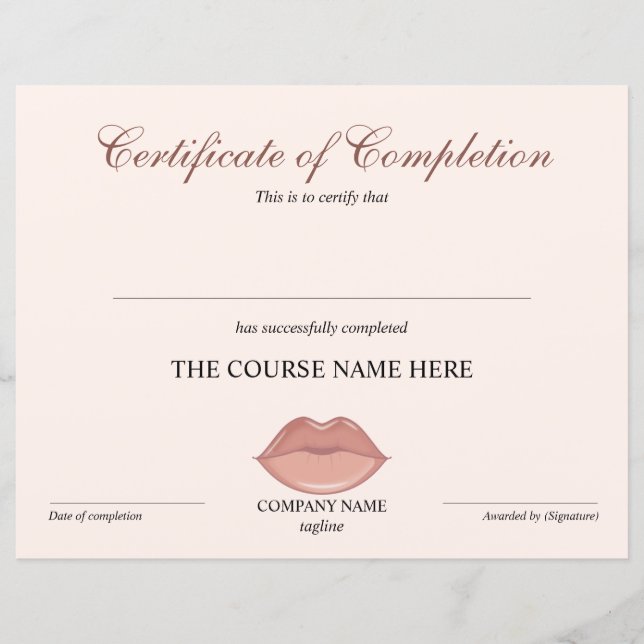 Papier Certificat d'achèvement Récompense cils Cours lèvr (Devant)
