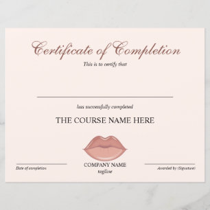 Papier Certificat d'achèvement Récompense cils Cours lèvr