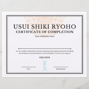Papier Certificat d'achèvement Reiki (OKUDEN)