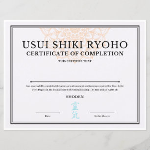 Papier Certificat d'achèvement Reiki (SHODEN)