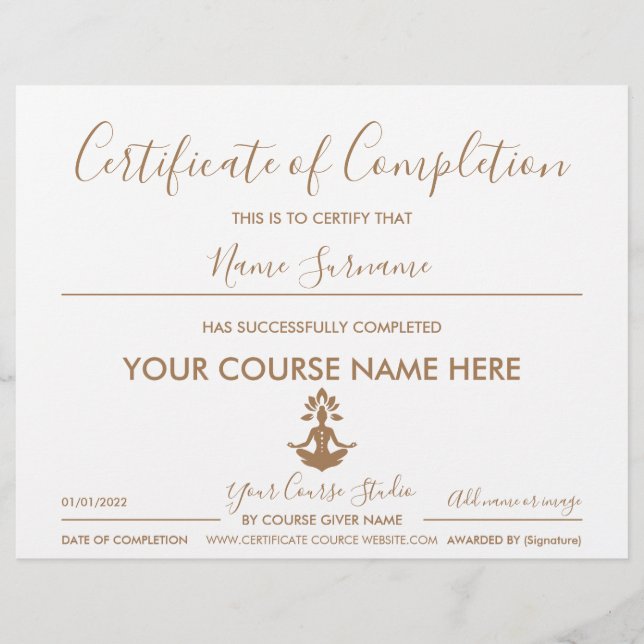 Papier certificat d'achèvement yoga (Devant)