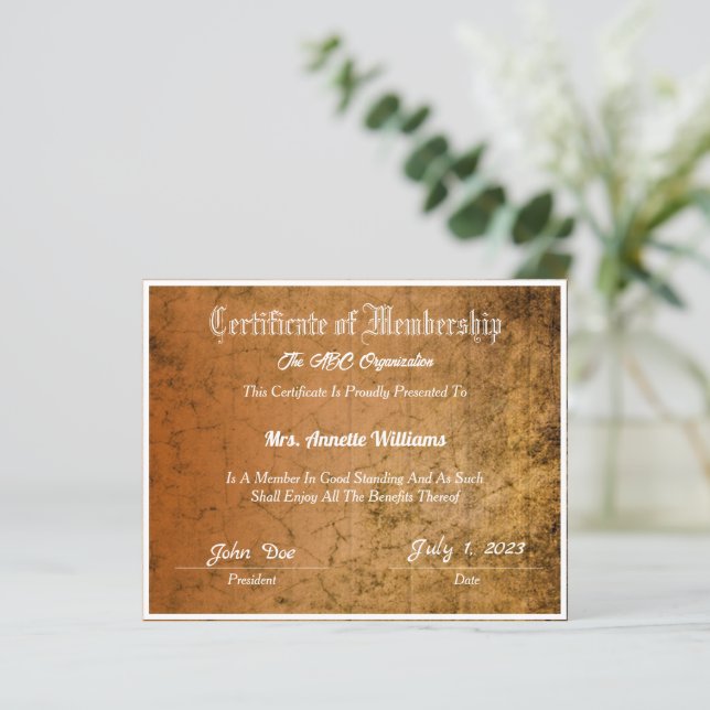 Papier Certificat d'adhésion (Debout devant)