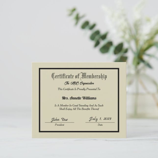 Papier Certificat d'adhésion (Debout devant)