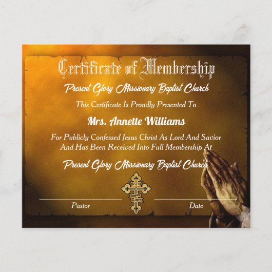 Papier Certificat d'adhésion à l'église (Devant)