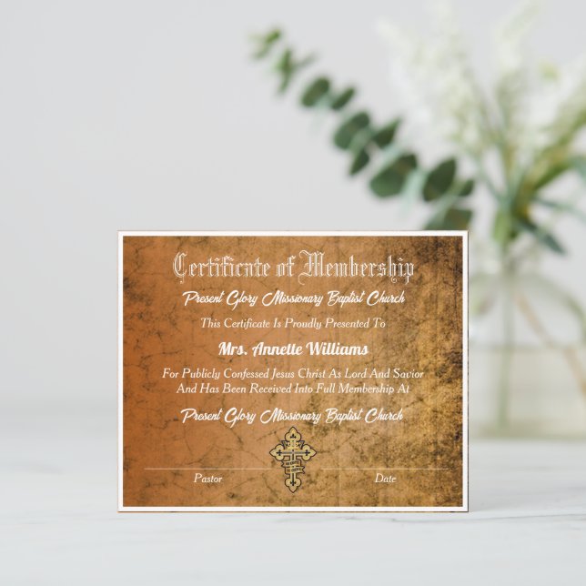Papier Certificat d'adhésion à l'église (Debout devant)