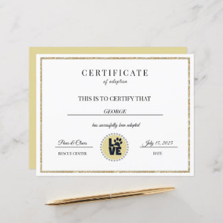 Papier Certificat d'adoption animale