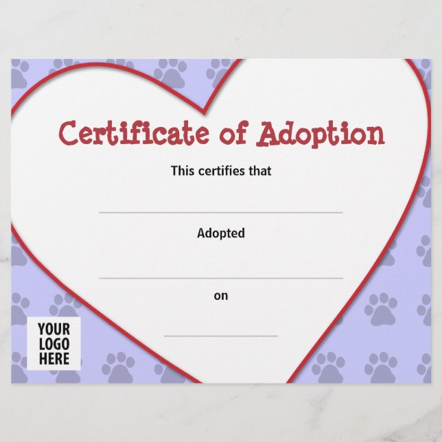 Papier Certificat d'adoption d'animaux de compagnie (Devant)
