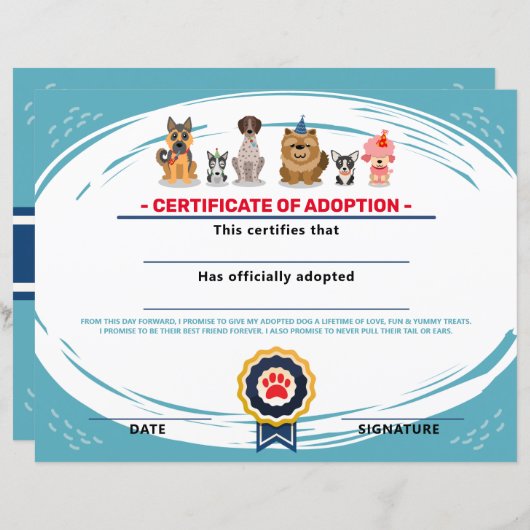Papier certificat d'adoption de chiot d'anniversaire sur (Devant / Derrière)