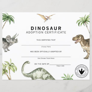 Papier Certificat d'Adoption de Dinosaure