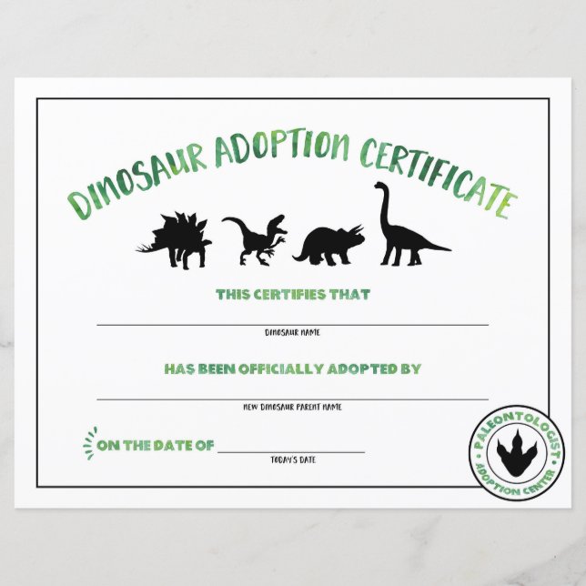 Papier Certificat d'Adoption de Dinosaure (Devant)