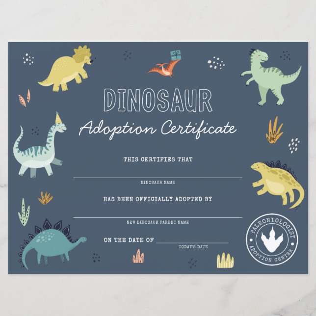 Papier Certificat d'Adoption de Dinosaure (Devant)