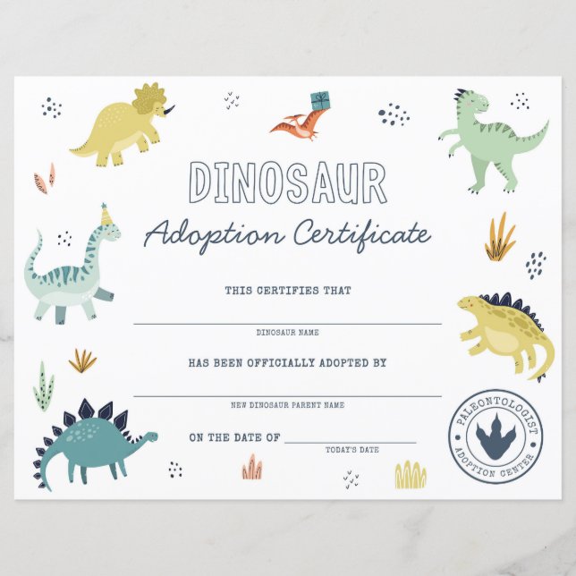 Papier Certificat d'Adoption de Dinosaure (Devant)