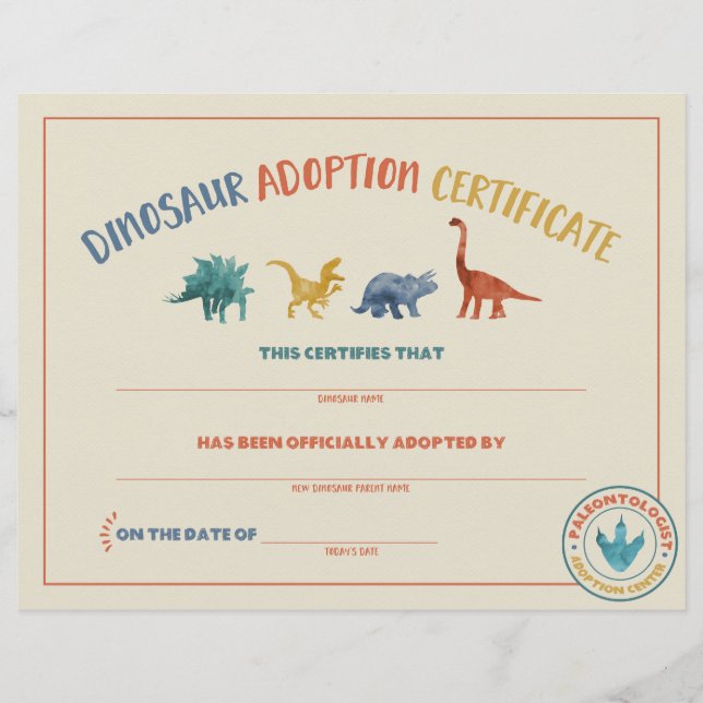 Papier Certificat d'Adoption de Dinosaure (Devant)