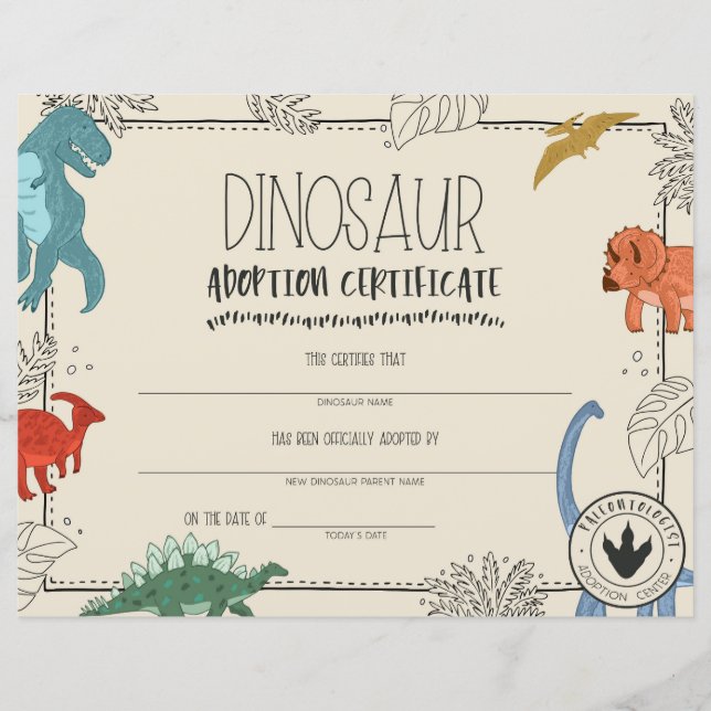 Papier Certificat d'Adoption de Dinosaure (Devant)
