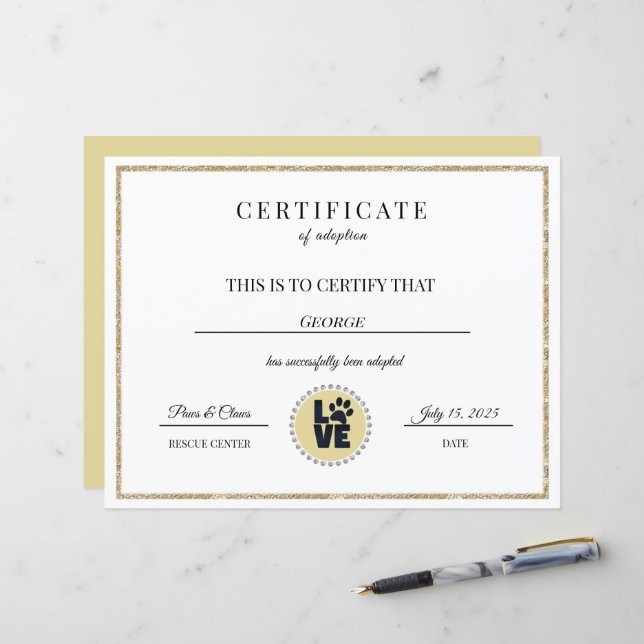 Papier Certificat d'adoption d'un animal (Devant/Arrière en situation)