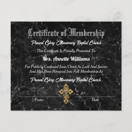 Papier Certificat d'appartenance à l'église (Devant)