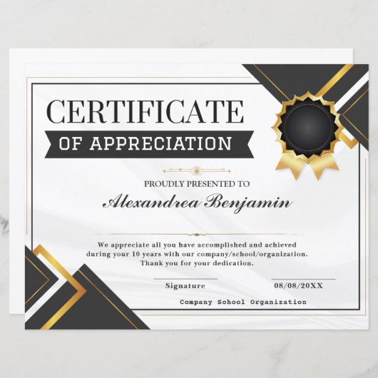 Papier Certificat d'appréciation (Devant / Derrière)