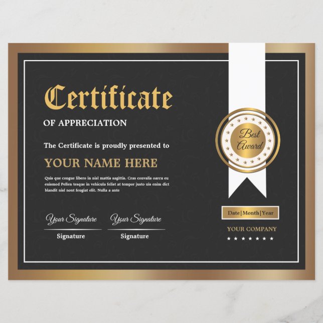 Papier Certificat D'Appréciation (Devant)