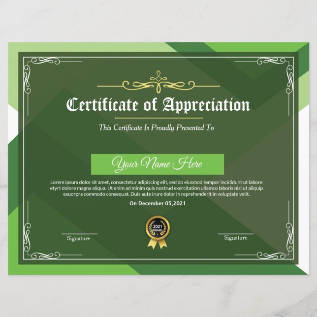 Papier Certificat D'Appréciation (Devant)