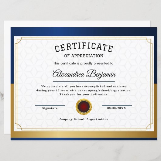 Papier Certificat d'appréciation (Devant / Derrière)