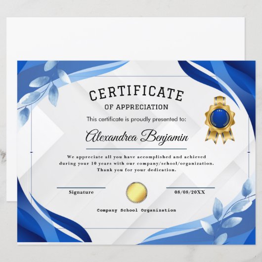 Papier Certificat d'appréciation (Devant / Derrière)