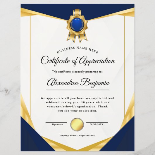 Papier Certificat d'appréciation (Devant)